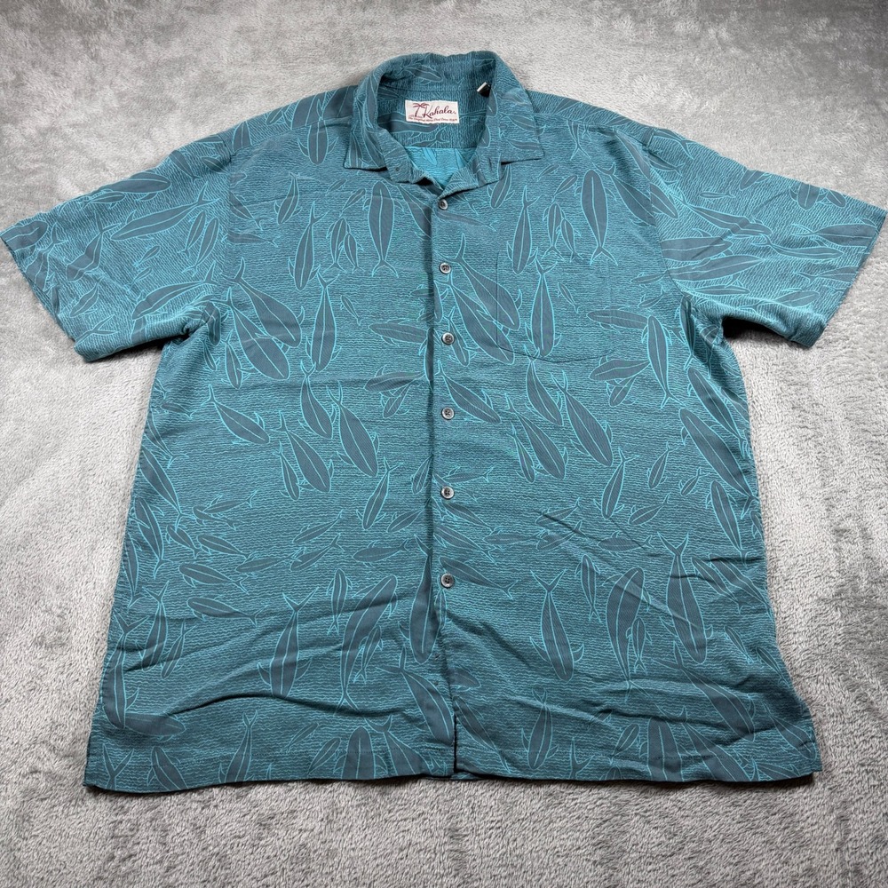 Kahala Hawaiian Button Down Shirt Mens Large Blue Fish Print Aloha Short Sleeve